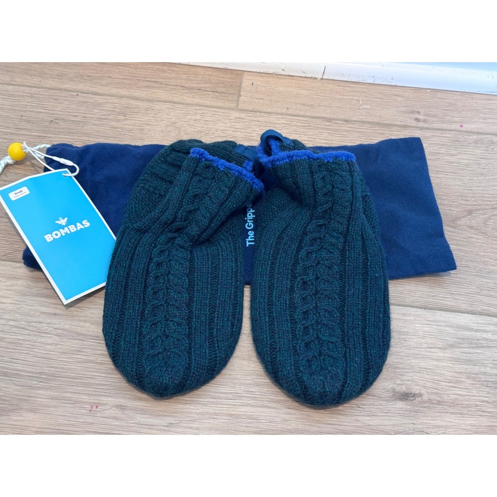 Bombas Gripper Slippers Jewel Pine Green Cable Knit Merino Wool Blend Small NWT